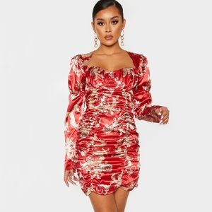 Satin Oriental Dragron Print Ruched Bodycon Dress